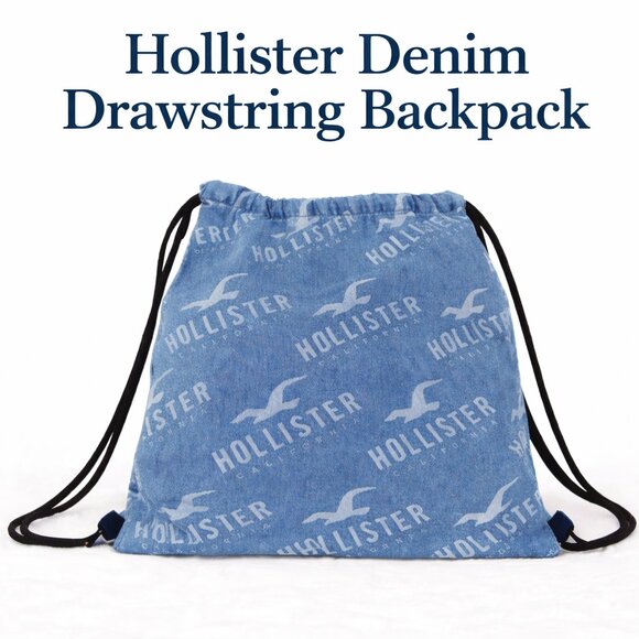 Hollister Co. Handbags - Hollister Denim Drawstring Backpack Cinch Bag Blue Logo Print Y2K